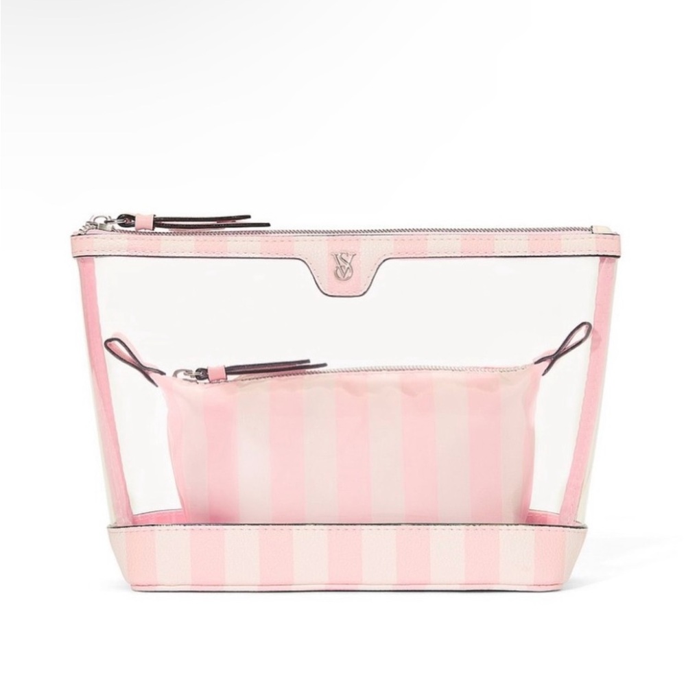 Victoria’s Secret Pink Striped Transparent Women's 2 piece Makeup bag